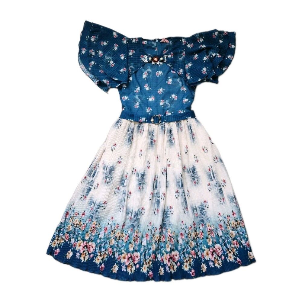 X'Tro Kids Girls Floral Pleated Dress Blue Belted Short Ruffle Sleeve Sz 34 GUC